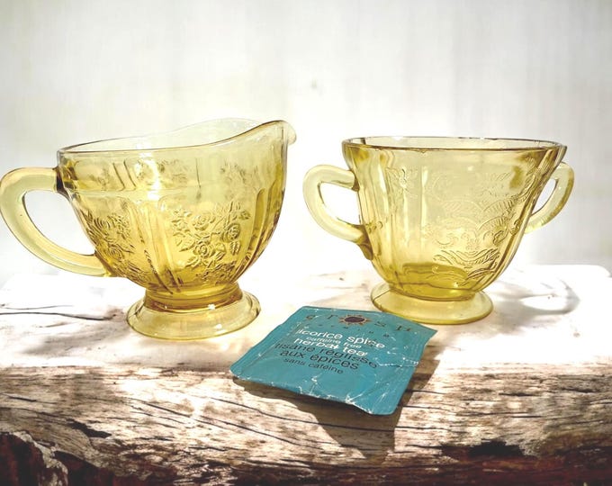 Yellow Depression Glass Sugar & Creamer w/ Etched Garland - Miss Matched Pair  in Two Patterns - Unique Kitchen Serving