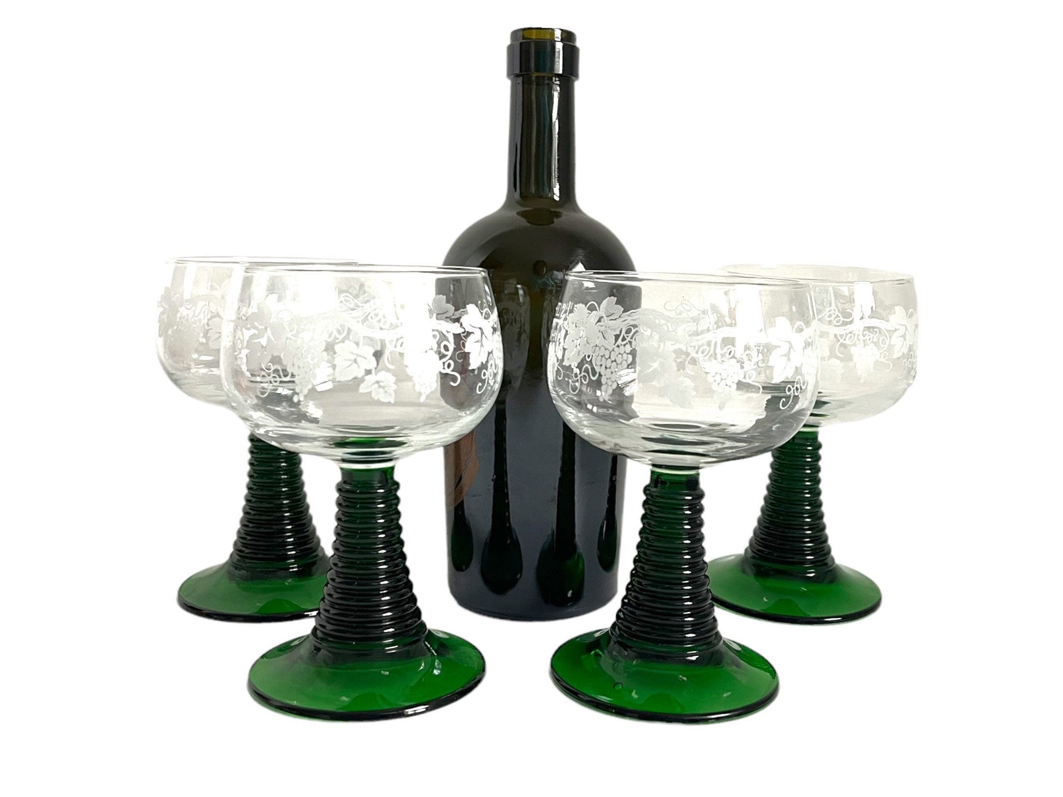 Vintage Glass Etched Grape Cluster Green Stem Wine Glasses 4 