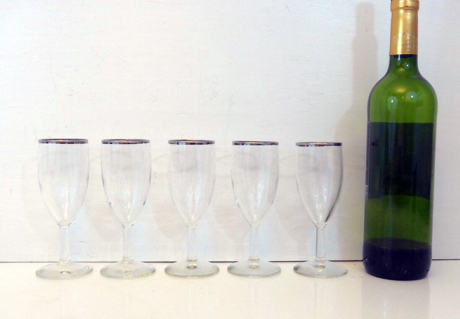 Vintage Set of 5 Silver Rim Wine Glasses 5 Mid Century Wine Clear