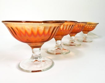 4 Vintage Marigold Amber Sherbet Champagne Glasses w/ Clear Stems & Soft Panels - Set Retro Depression Glasses