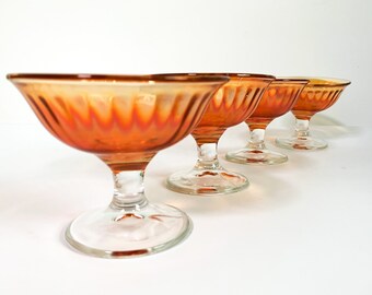 4 Vintage Marigold Amber Sherbet Champagne Glasses w/ Clear Stems & Soft Panels - Set Retro Depression Glasses