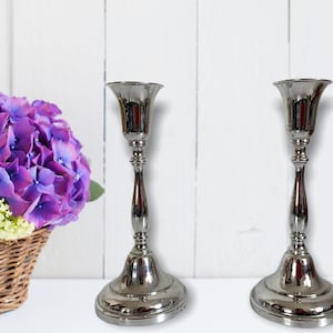 2 Vintage Farber Brothers Krome Kraft Candlestick Holders - Pair Tall Silver Metal Retro Home Decor Chrome Kitchen Dining Room Classic Style