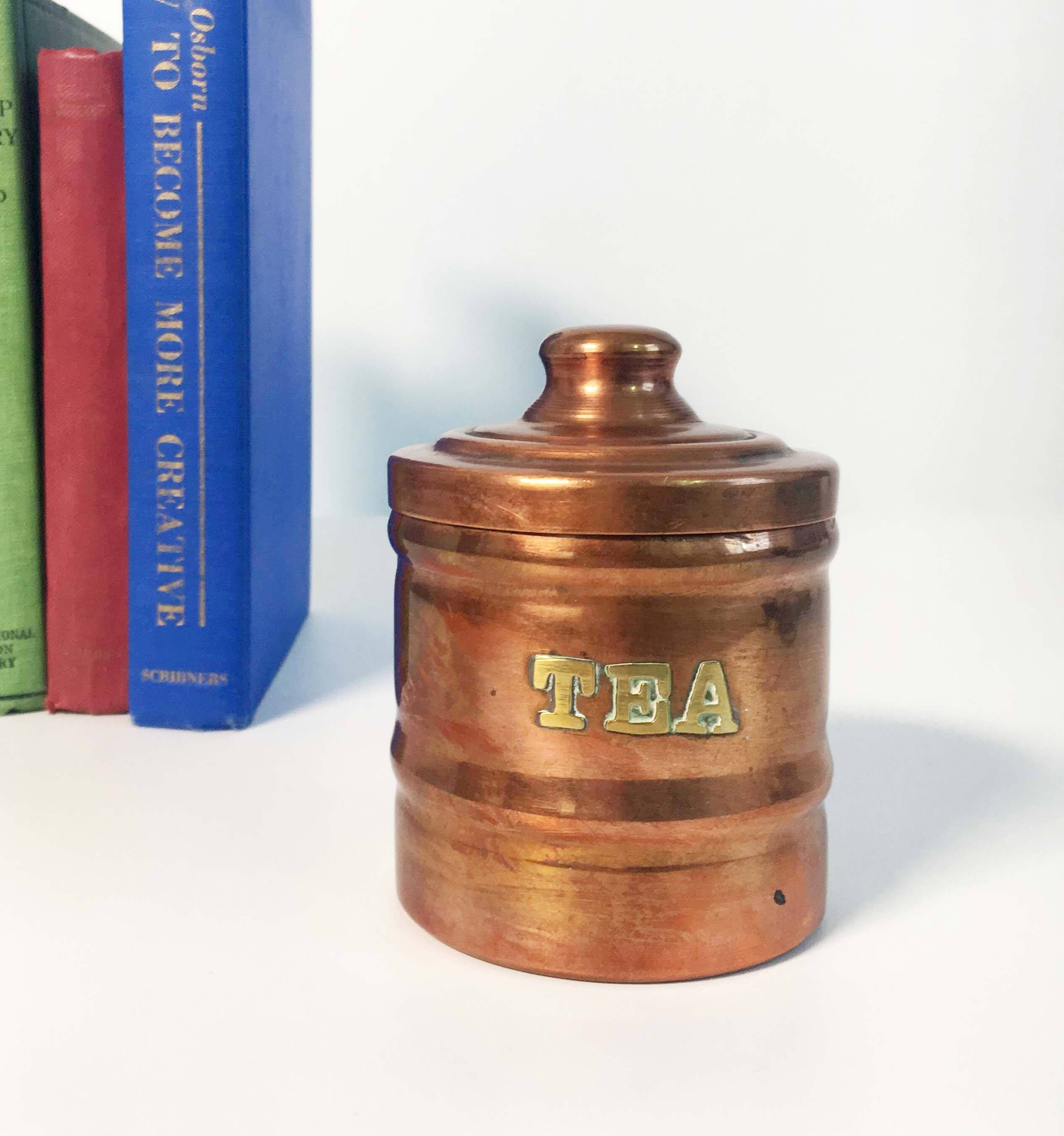 Vintage Copper and Brass Tea Canister Lettered Copper Container with