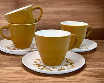 4 Mid Century Centura Corning Cups & Saucers w/ Floral Design - Four Matching Mustard Yellow Cups White Coffee - Mid century Vintage Kitchen