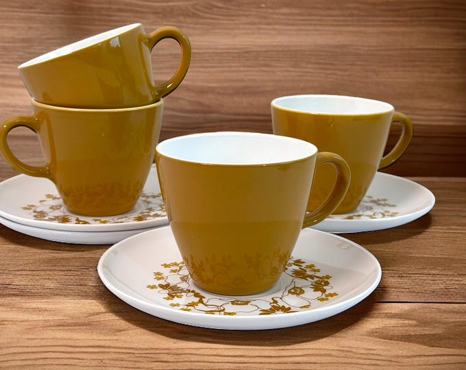 4 Mid Century Centura Corning Cups & Saucers w/ Floral Design - Four Matching Mustard Yellow Cups White Coffee - Mid century Vintage Kitchen