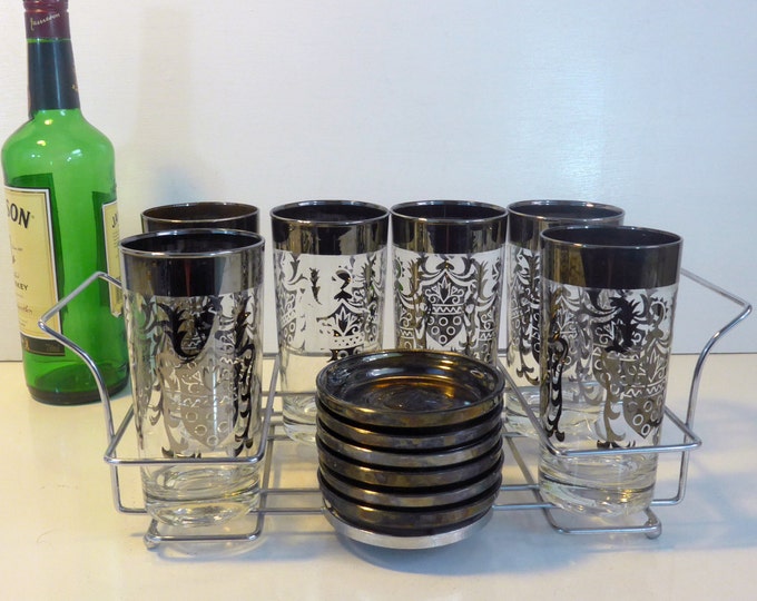 6 Century Sheild Metalcraft Craft Crystal Glasses & Coasters - Vintage Barware - Wedding Gifts Him - Mid century Glasses Coasters Carry Tote