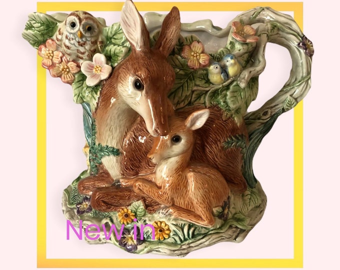 Fitz and Floyd Pitcher - Large Woodland Spring Figural Pitcher - Deer Rabbit Frog Owl Birds Figures Large Ceramic Porcelain Vase Centerpiece