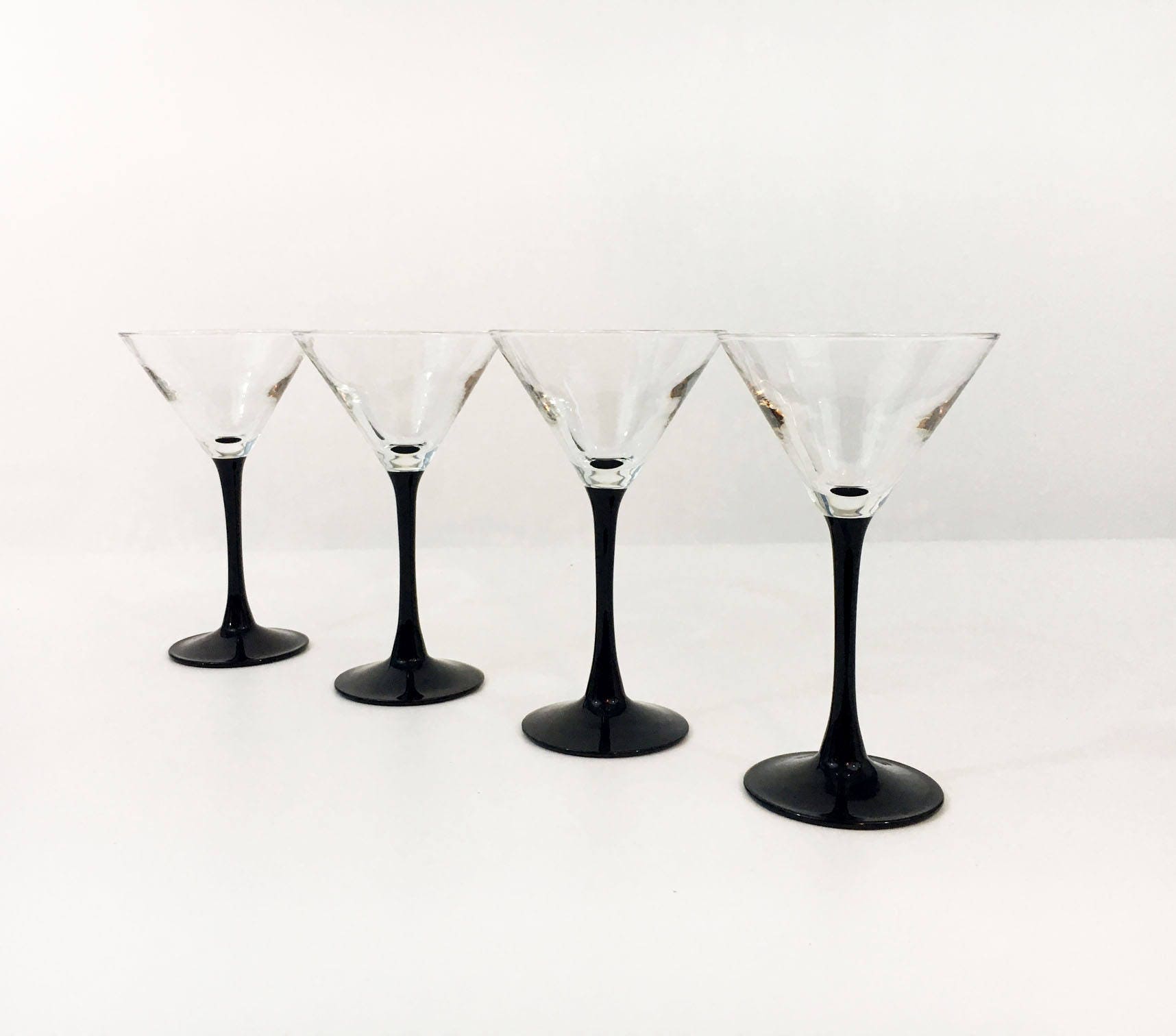 2 Vintage Etched ~ Black Stem Cocktail ~ Martini Glasses, Morgantown,  Baden, circa 1931, Unique Vintage Martini Glasses with Black Stem