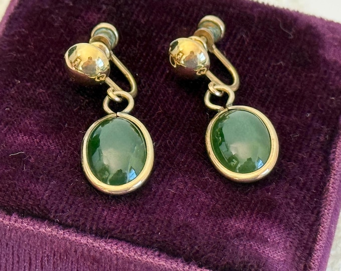 Vintage Green Gemstone Dangle Earrings: 12K Gold Filled Teardrop Screwback