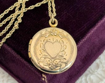 Vintage Gold Filled Locket Necklace: Floral Etched Heart, 14K Chain, Timeworn Treasure