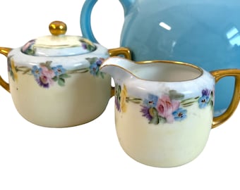 Vintage Creamer and Sugar Bowl Set - Shabby Chic or Country Cottage Set - Flowers on Pale Yellow