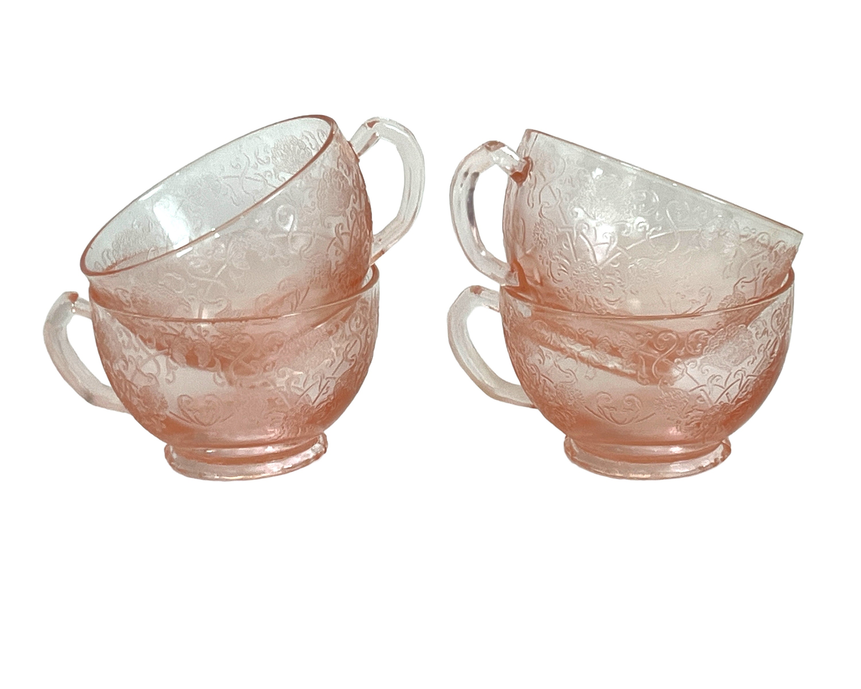 4 Hazel Atlas Florentine Pink Depression Glass Footed Cups Saucers Ca