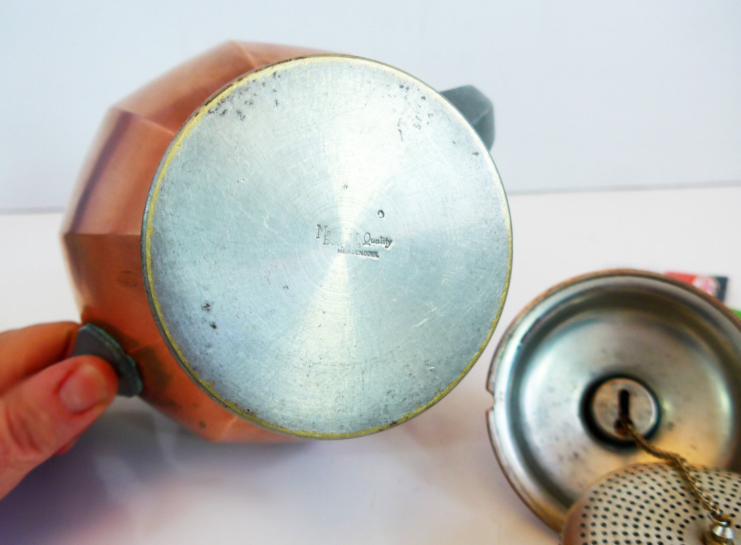 Antique Copper Art Deco Teapot w/ Strainer Manning Bowman w/ Strainer