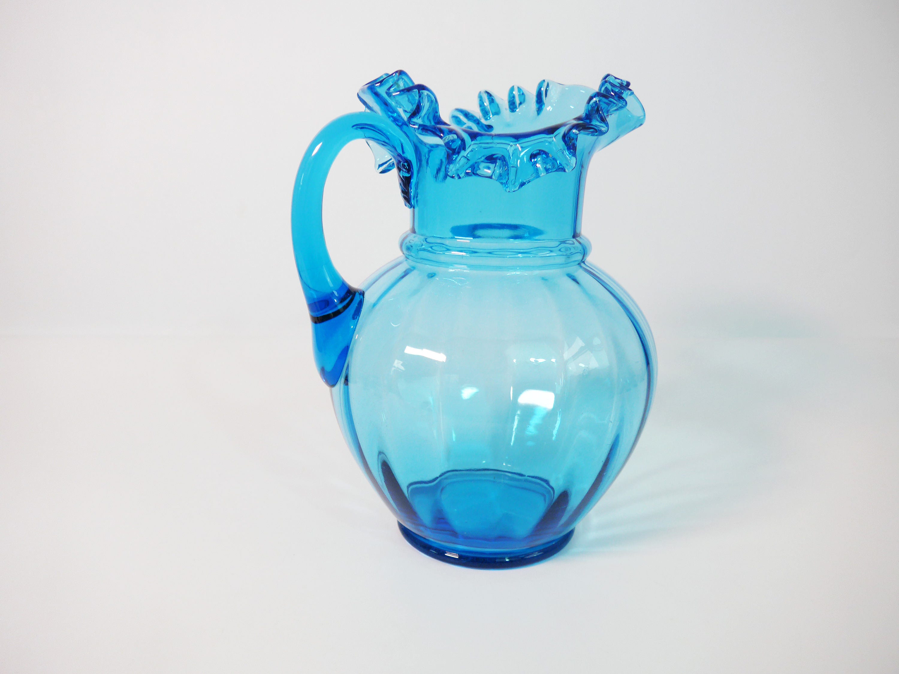 Vintage Blue Glass Frilly Edge Pitcher Large Heavy Blue