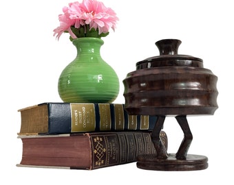 Vintage Walnut Wood Pedestal Bowl - Home Decor Jar w/ Lid -  Carved Design Round Container w/ Carved Round Base - Home Decor