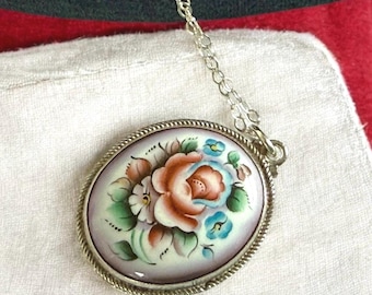 Beautiful Silver Oval Locket - Vintage Ceramic Two Sided Flower Floral Colorful Retro Pendant on Adjustable Length SS Chain - 2 Photo Wells