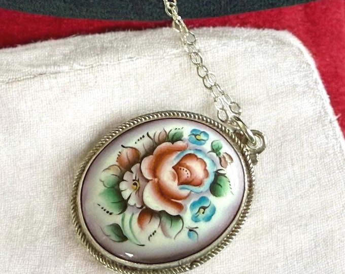 Beautiful Silver Oval Locket - Vintage Ceramic Two Sided Flower Floral Colorful Retro Pendant on Adjustable Length SS Chain - 2 Photo Wells