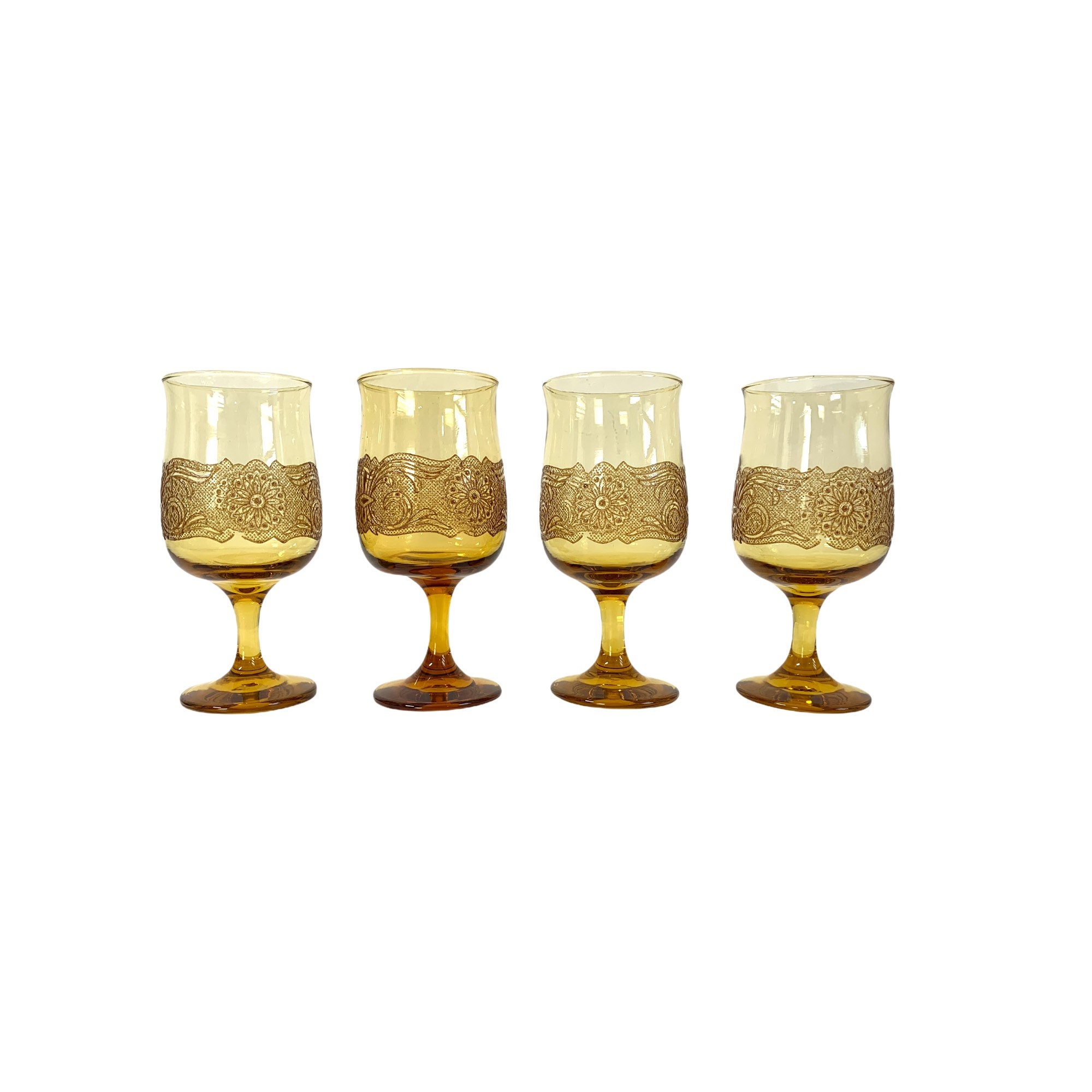 4 Vintage Libbey Americana Amber Glass Water Goblet Four Retro Large