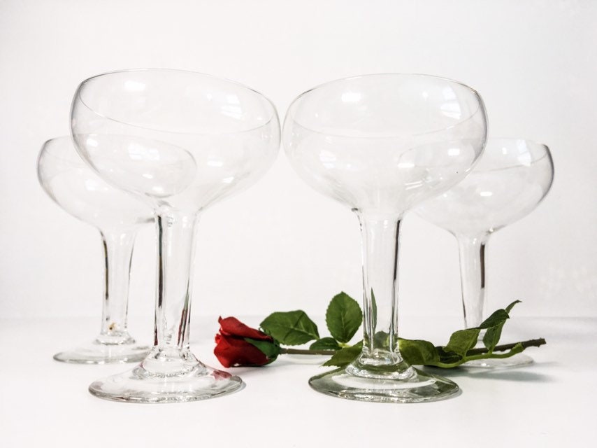 Champagne Glasses Vintage Hollow Stem Set 4 Hand Blown Glasses