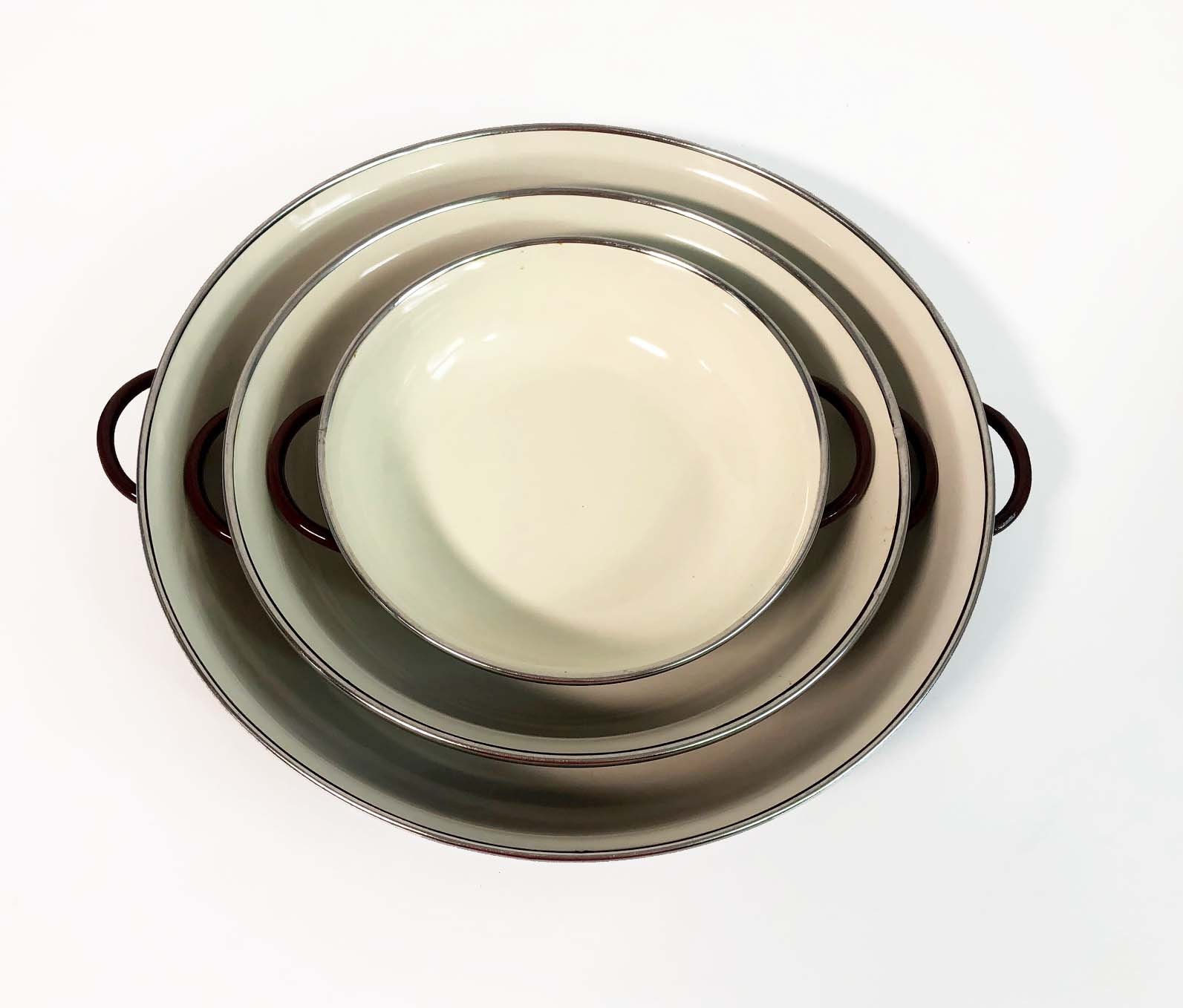 Vintage Enamelware Serving Bowls Handled Nesting Brown/Tan or Cream