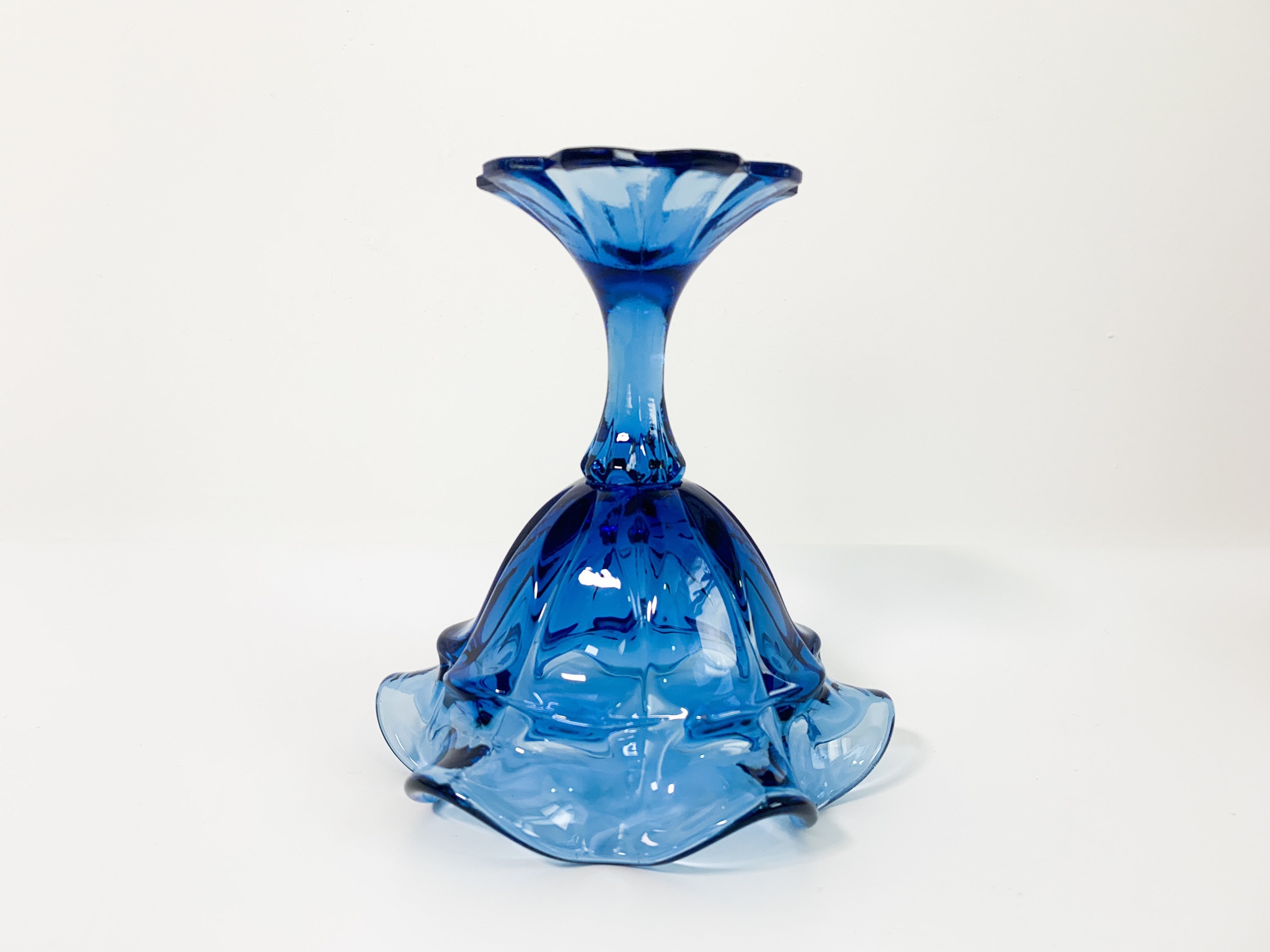 Vintage Fenton Glass Ruffled Blue Candy Compote Glass Pedestal Dish