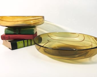 Vintage Art Glass Bowls: Amber with Red Swirls, 1970s Home Decor