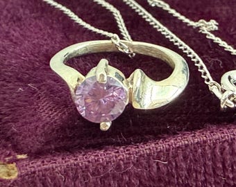 Vintage Sterling Silver Baby Ring Necklace: Simulated Amethyst Pendant, 18" Chain
