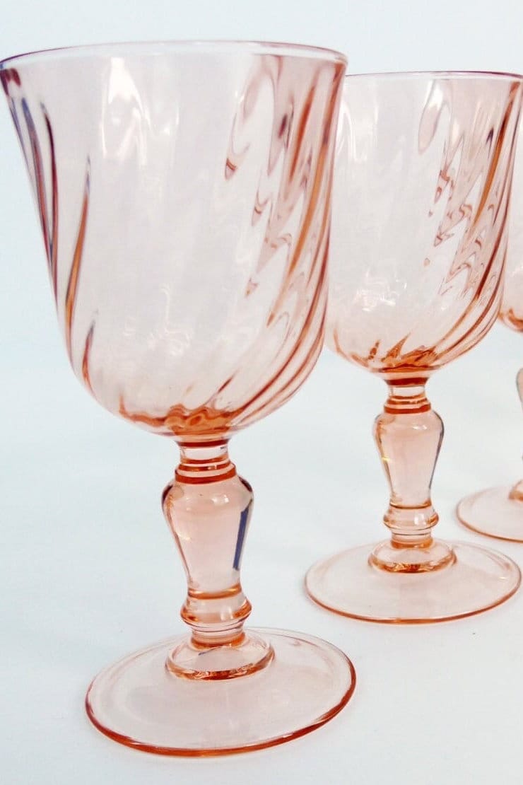 Set of 3Vintage Hand Blown Pink Blush Wine Glasses Long Stem Large Glasses