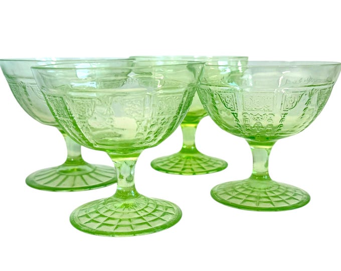 4 Vintage Cameo Green Uranium Glasses - Four Coupes Champagne Depression Glass, Anchor Hocking