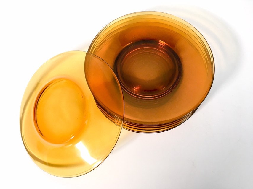 7 Vintage Amber Salad / Dessert Plates - Small Plain Amber Glass Dishes