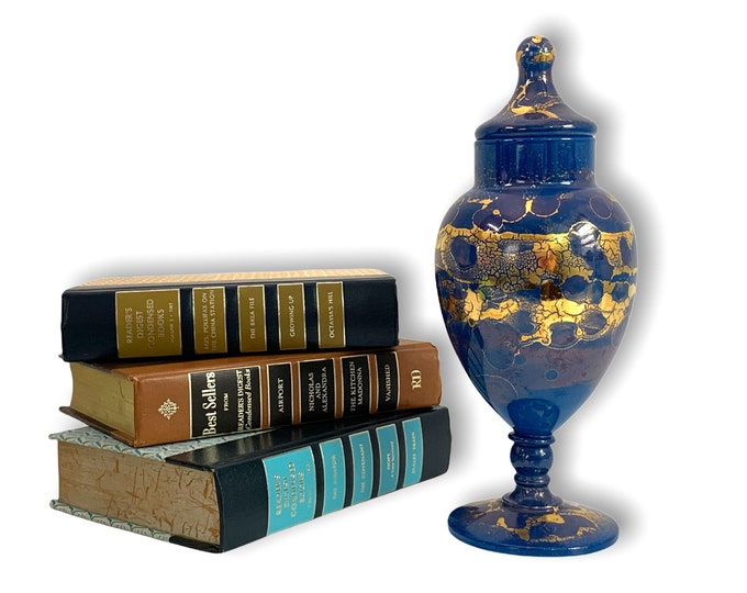 Vintage Glass Jar Cobalt Blue w/ Gold Splatter Accent Trim - Lidded Pedestal Candy Apothecary - Retro Home Decor