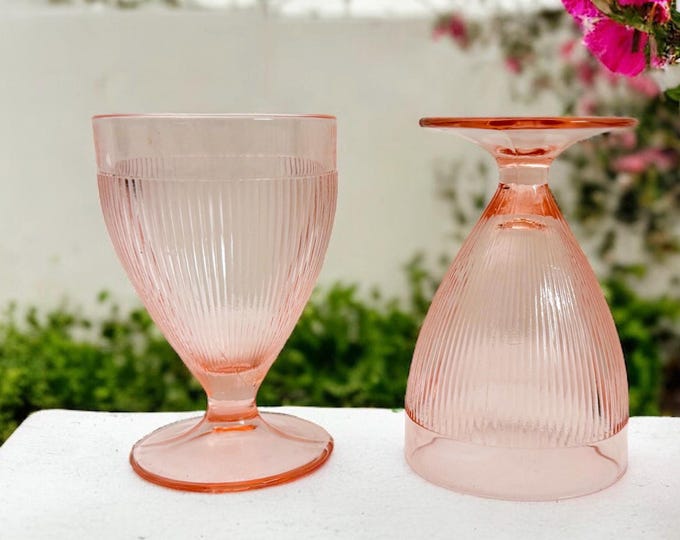 Vintage Set of 2 Homespun Pink Juice Glasses by Jeannette Glass Company - Two Small Low Depression Era w/ Vertical Lines Embossed Glassware