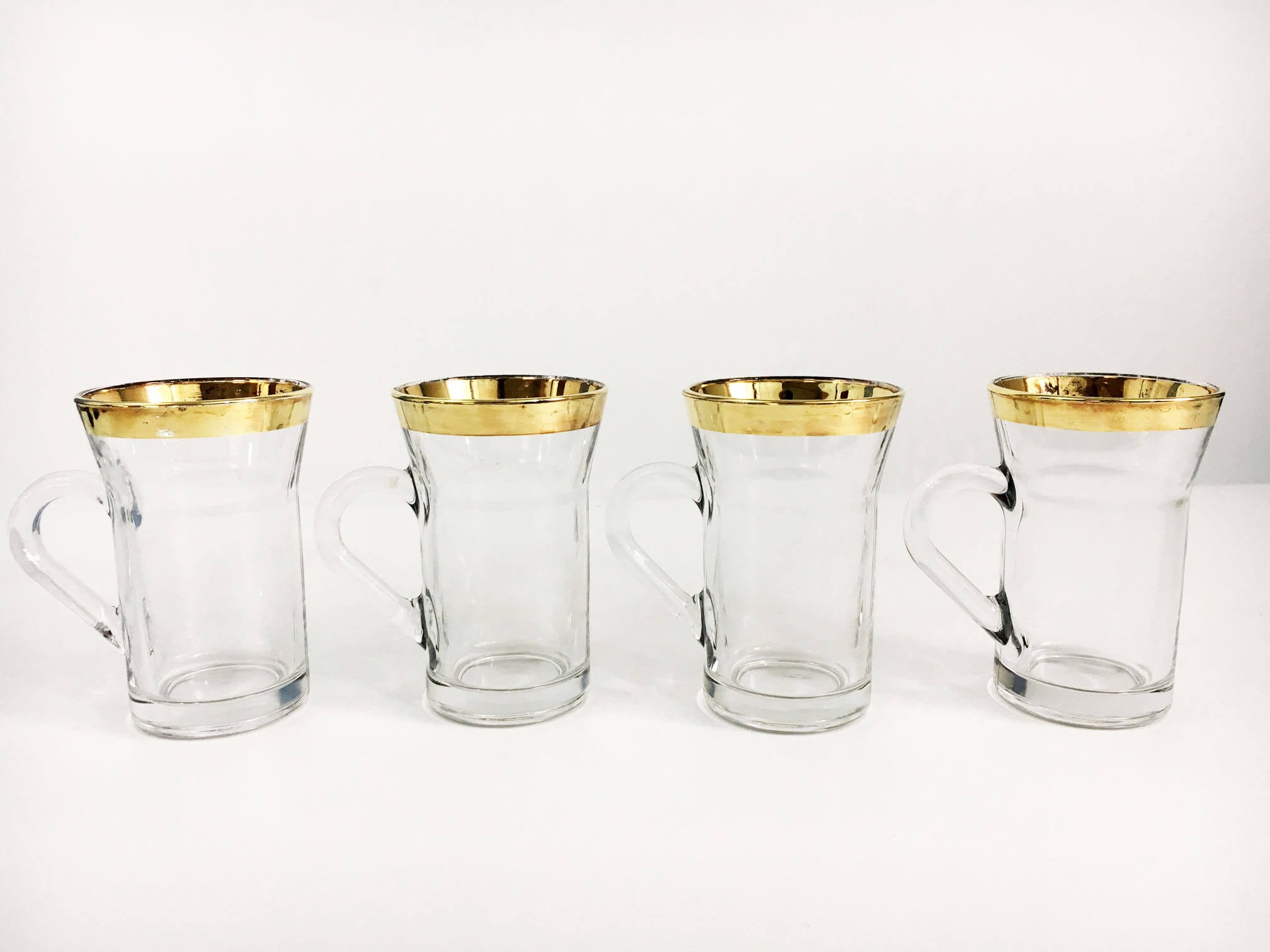 Set of 4 Clear Glass Gold Rim Coffee Mugs / Glasses Made in Italy