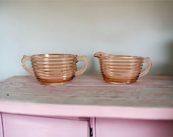 Vintage Pink Glass Sugar and Creamer Set - Beehive Depression Era 2 Pc Set by Hazel Atlas - Open Sugar & Cream Bowls Kitchen Serving Display