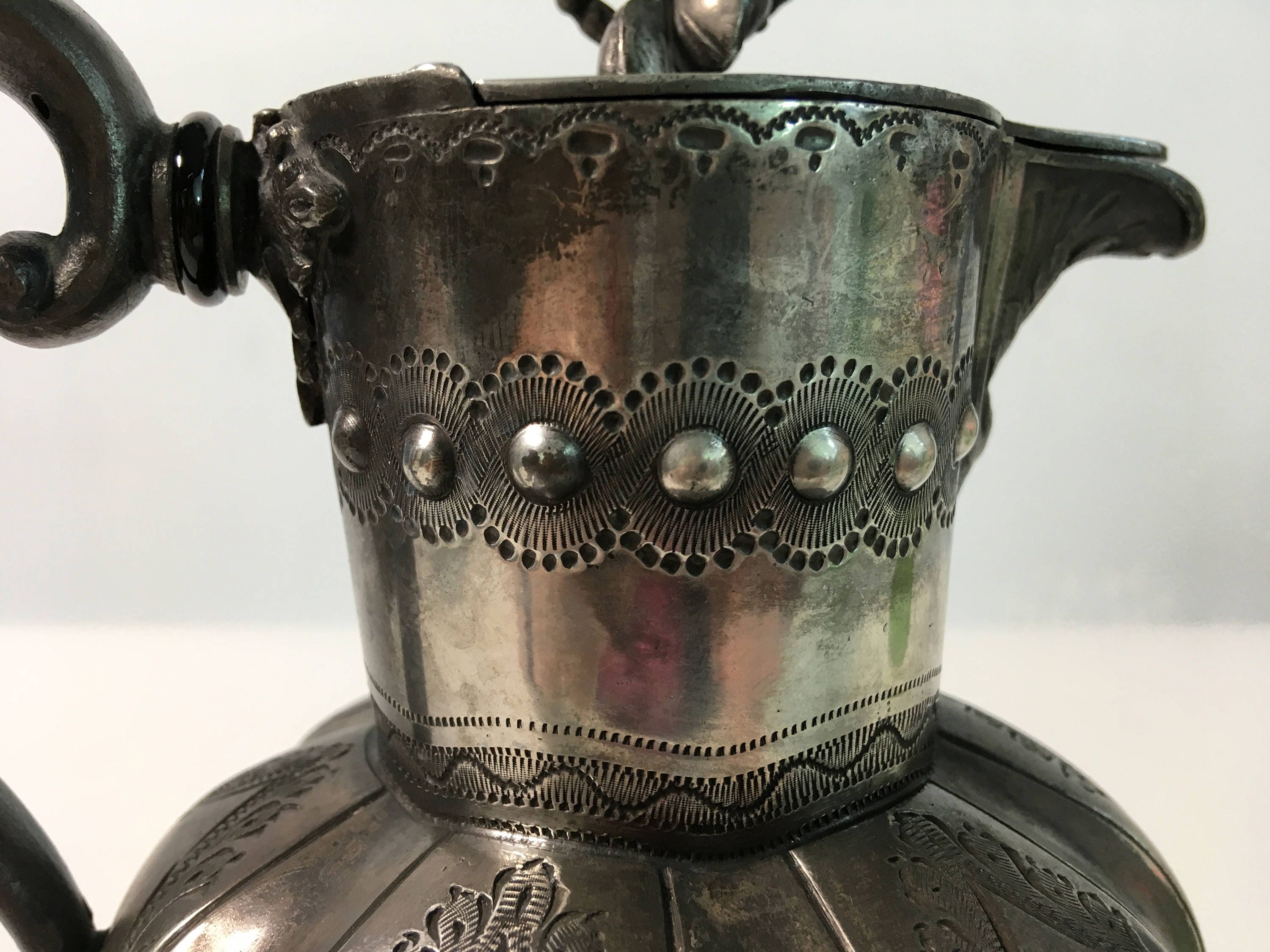 Antique Victorian Pewter Pitcher - Ornate Jug w/ Lid and Flower Finial