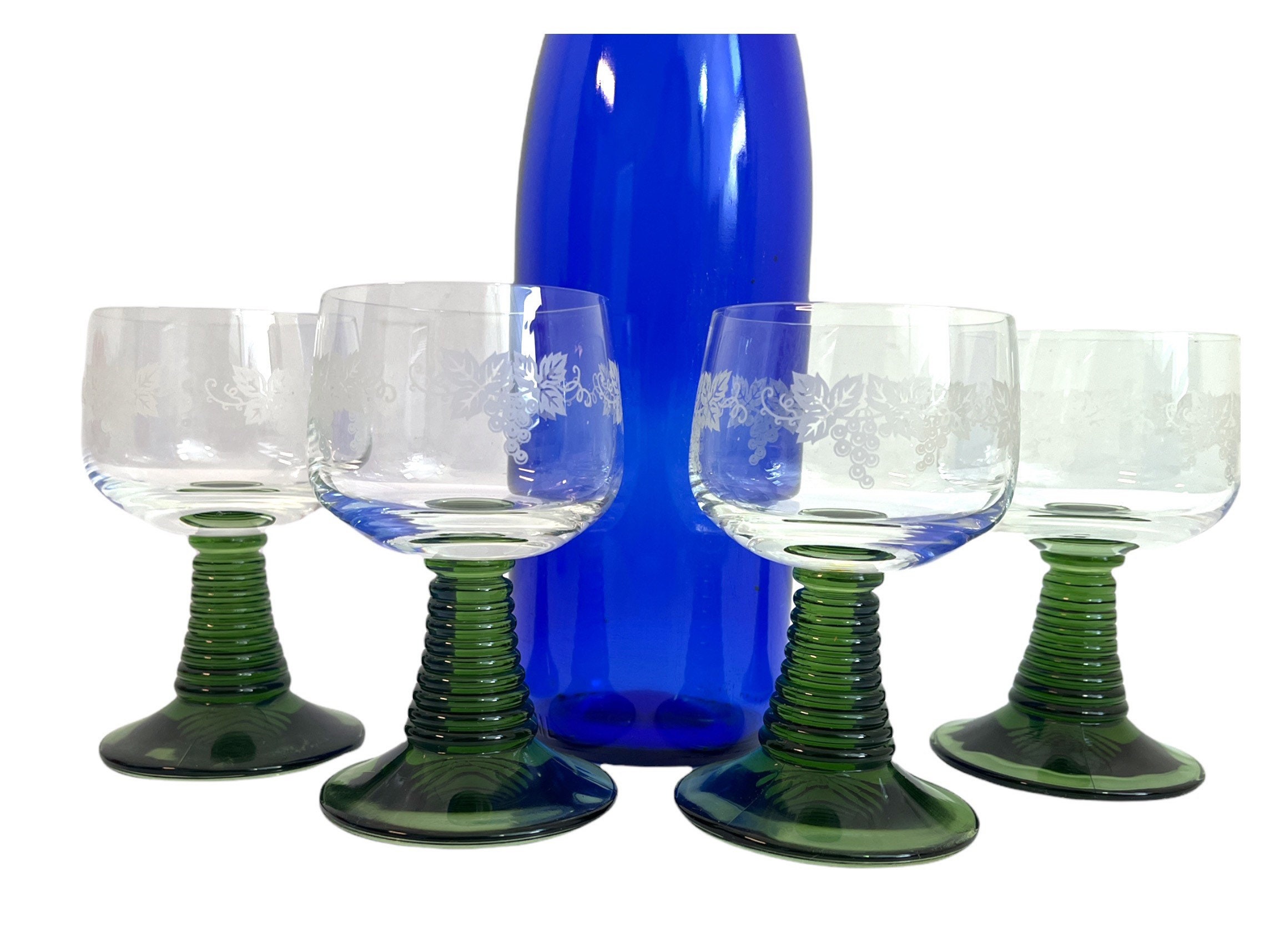 Wine Goblets Blue Green Clear Glass Vintage Set of Three Large Wine Glasses  Aqua Blue Tops Clear Glass Stems and Bases Unique Bar Glasses 