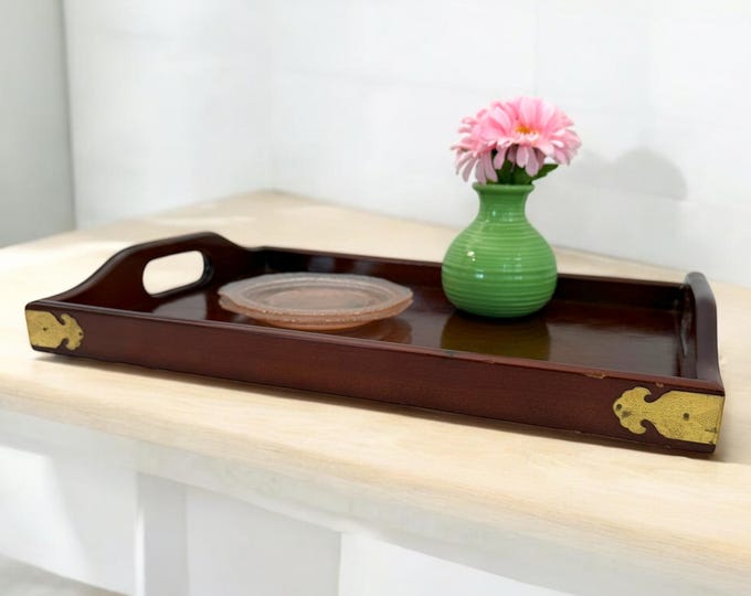 Vintage Wood w/ Brass Accents Serving Tray: Rectangular w/ Handles Serving Display