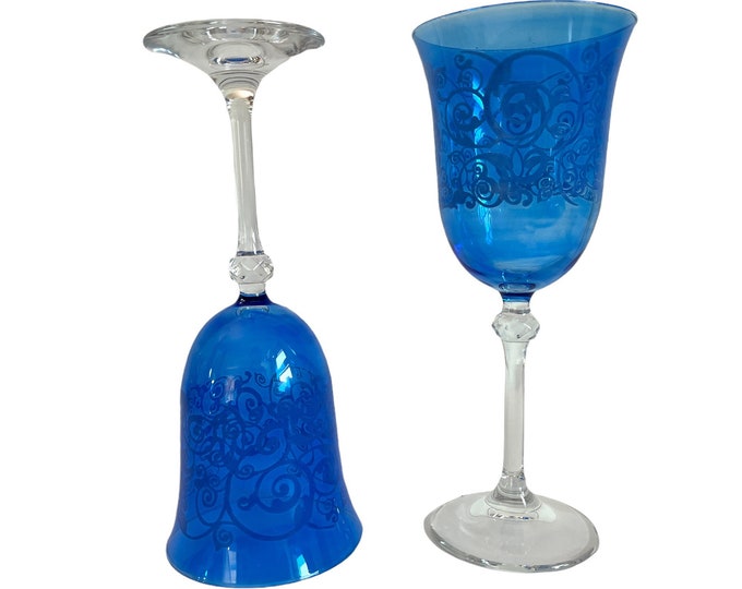 2 Blue w/ Clear Stem Water Glasses Goblets w/ Filigree Design - Tall Pair Vintage Glassware Faceted Wafer Stem Blown Glass