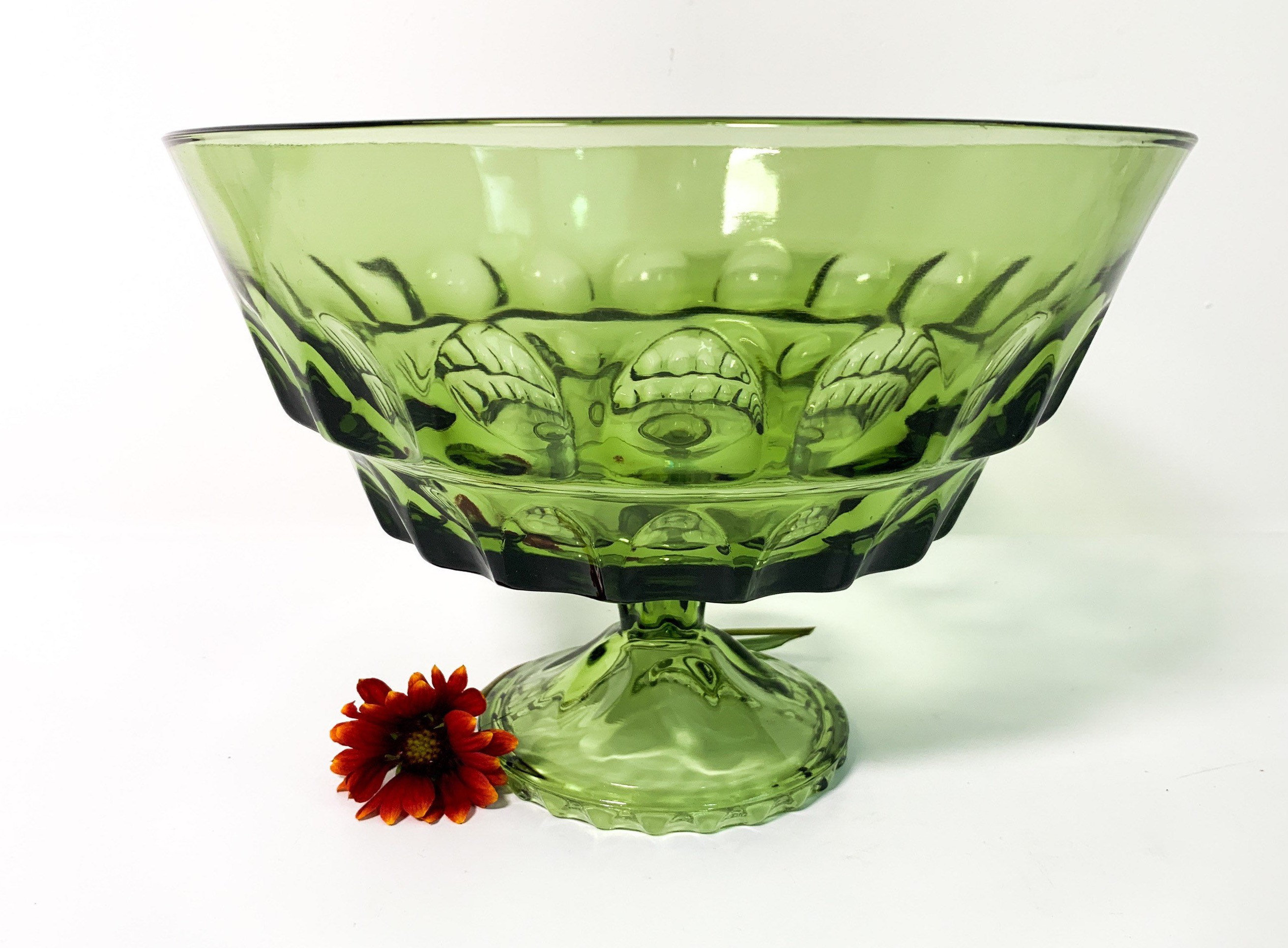 Large Vintage Decorative Glass Serving Fruit Bowl - Clear/Green