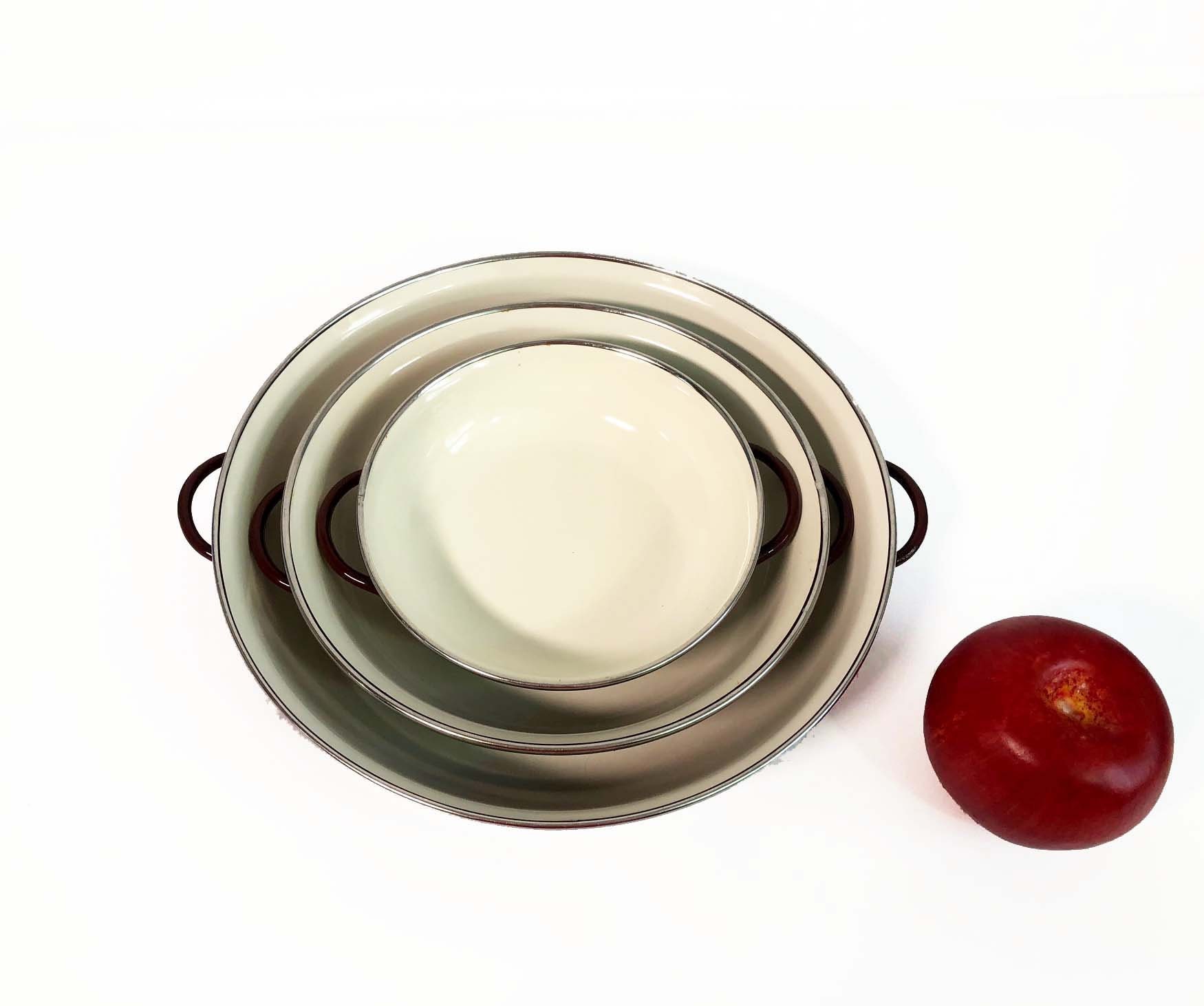 Vintage Enamelware Serving Bowls Handled Nesting Brown/Tan or Cream