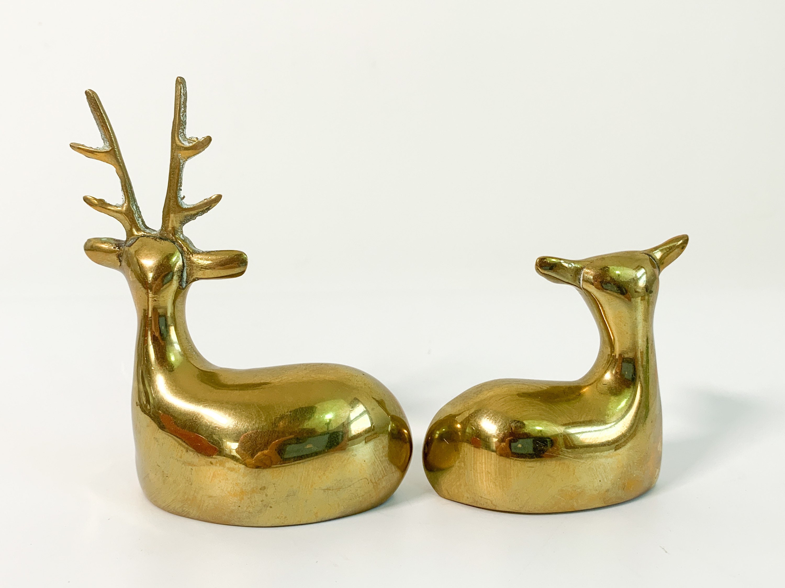 Pair Vintage Brass Deer 2 Brass Deer Laying Down Doe & Buck Wildlife