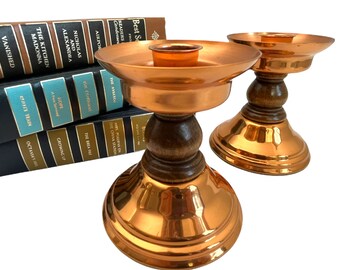Vintage Pair Coppercraft Guild Copper & Wood Candle Holders - 2 Mid Century Modern Copper Candlestick Holders Circa 1960 - Mod MCM