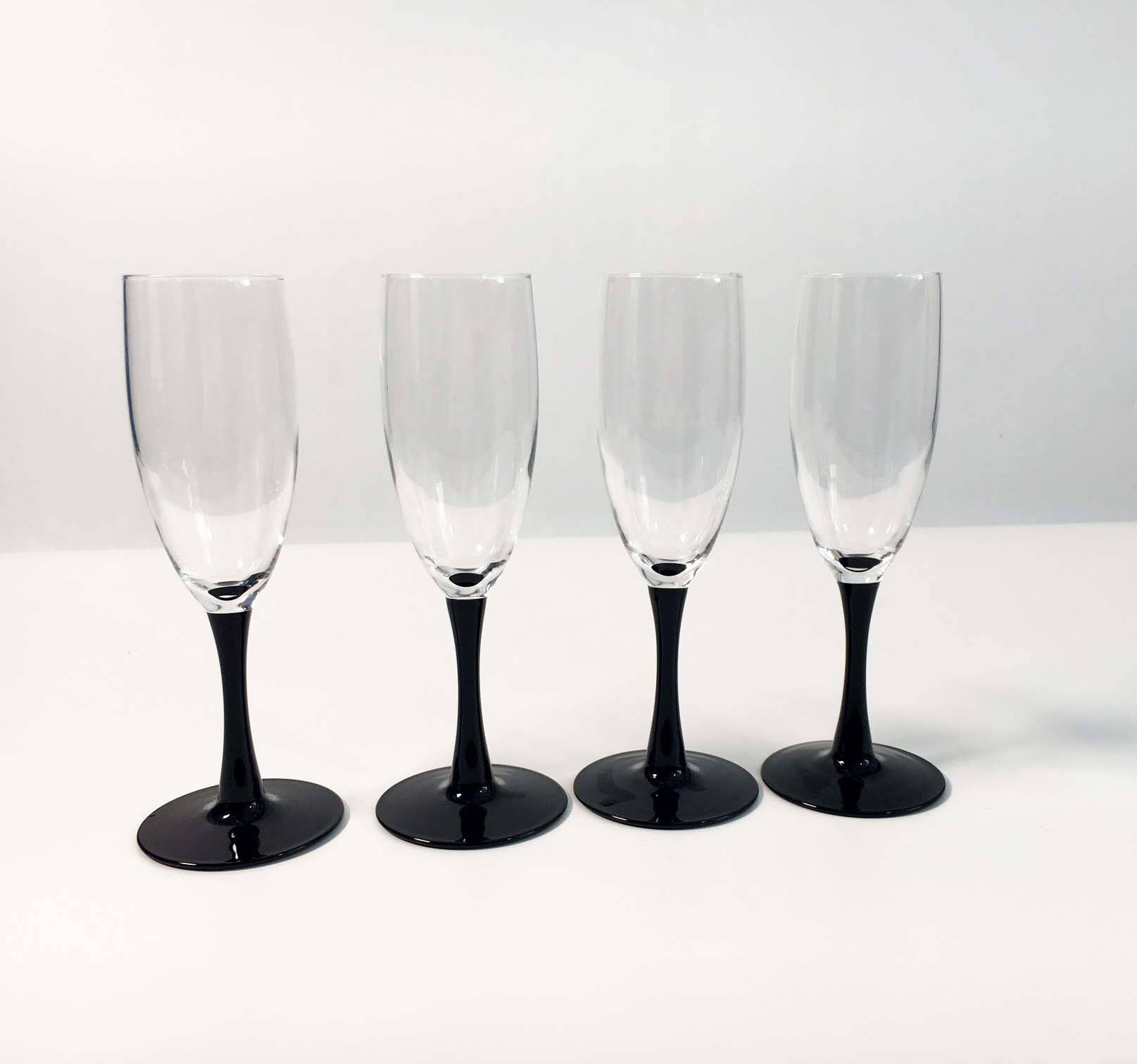 Vintage Set of 4 Luminarc France Small Short Black Stemmed Champagne