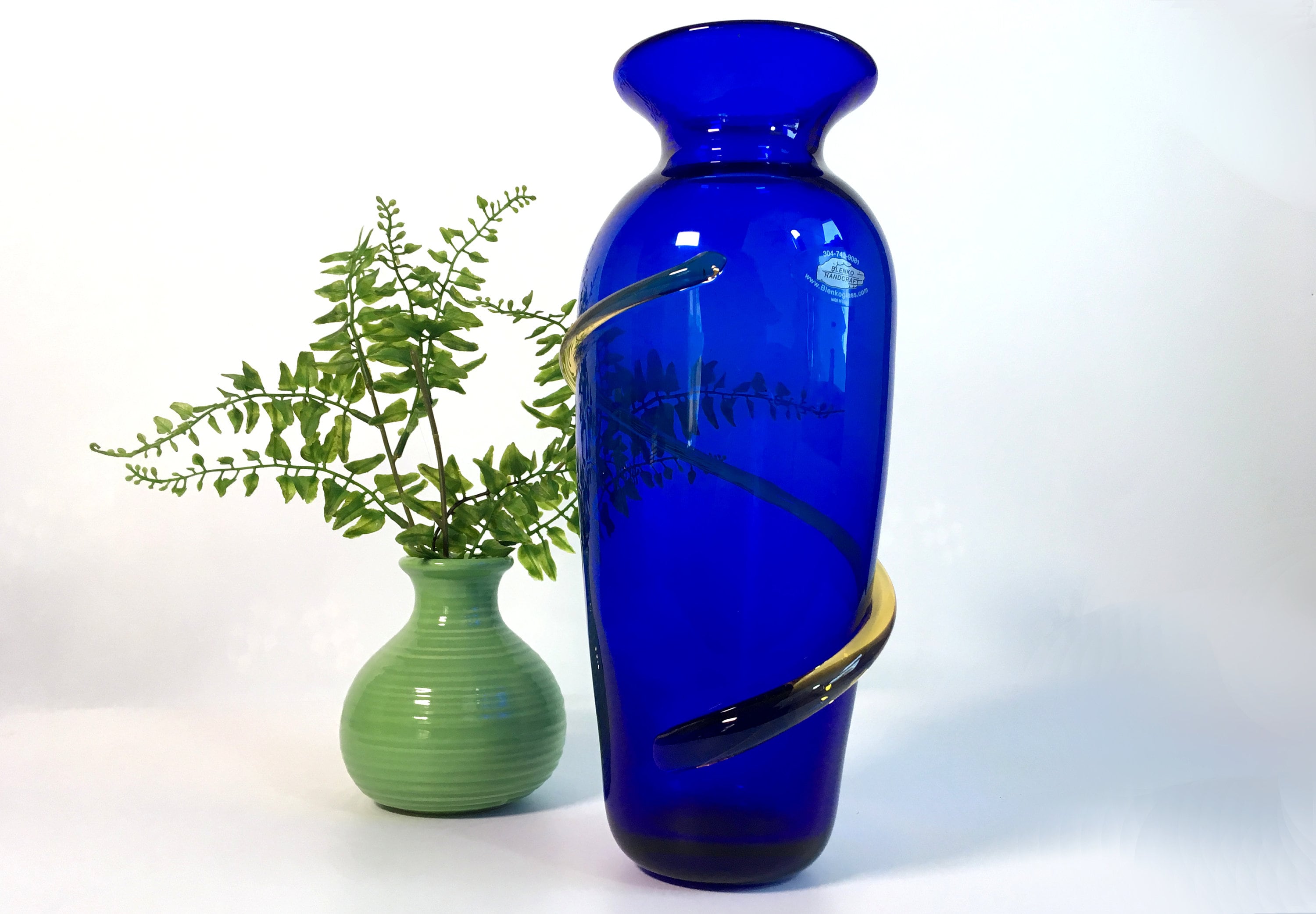 Vintage Blenko Art Glass Cobalt Blue Vase w/ Amber Cord Richard