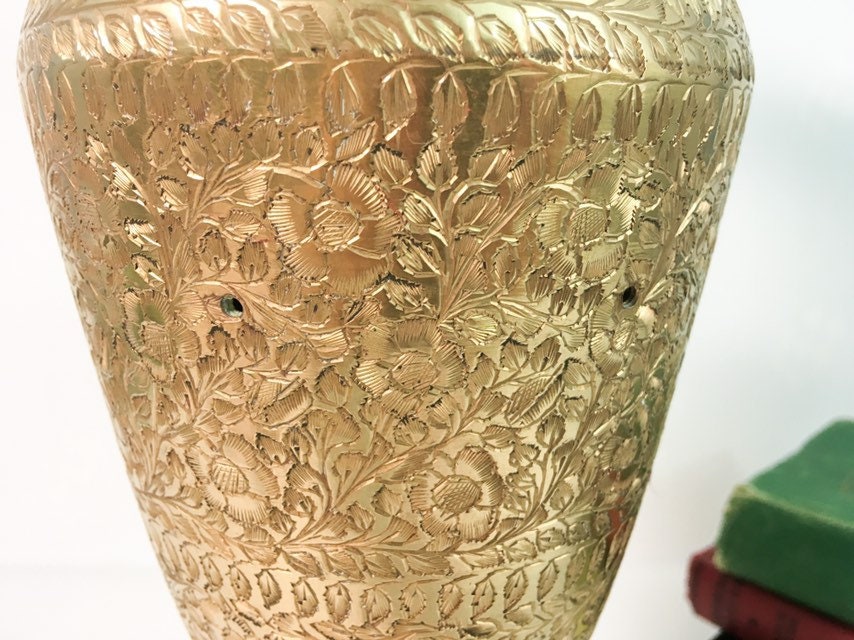 Vintage Tall Brass Vase With Embossed Floral / Leaf Design Heavy