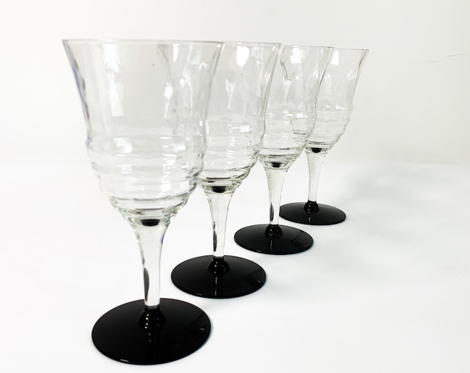4 Vintage Clear Stem Black Amethyst Base Wine Glasses -  Horizontal Ribbed Bowls - Set of Four Mid century Retro Glasses