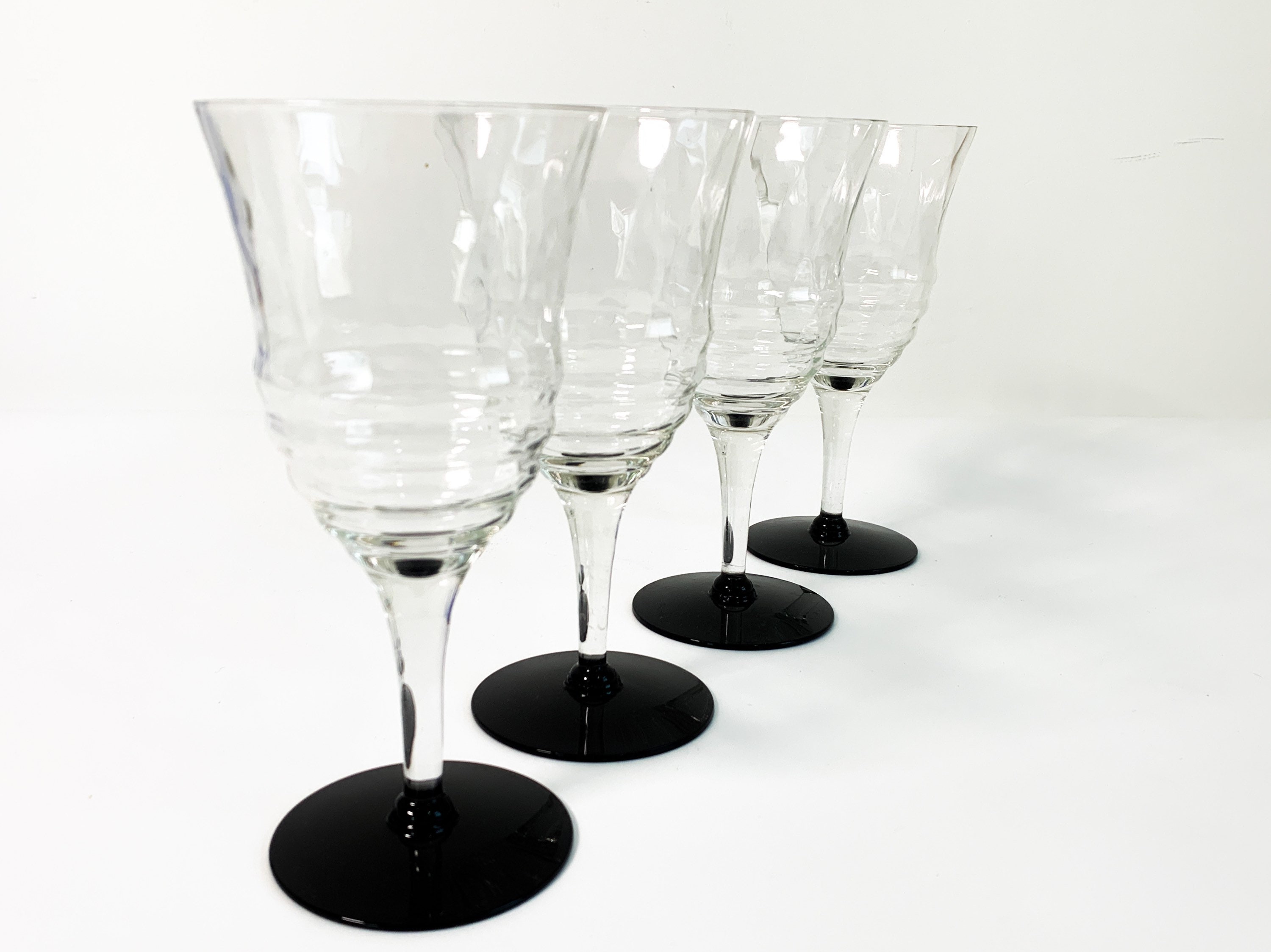 4 Vintage Clear Stem Black Amethyst Base Wine Glasses - Horizontal Ribbed  Bowls - Set of Four Mid century Retro Glasses