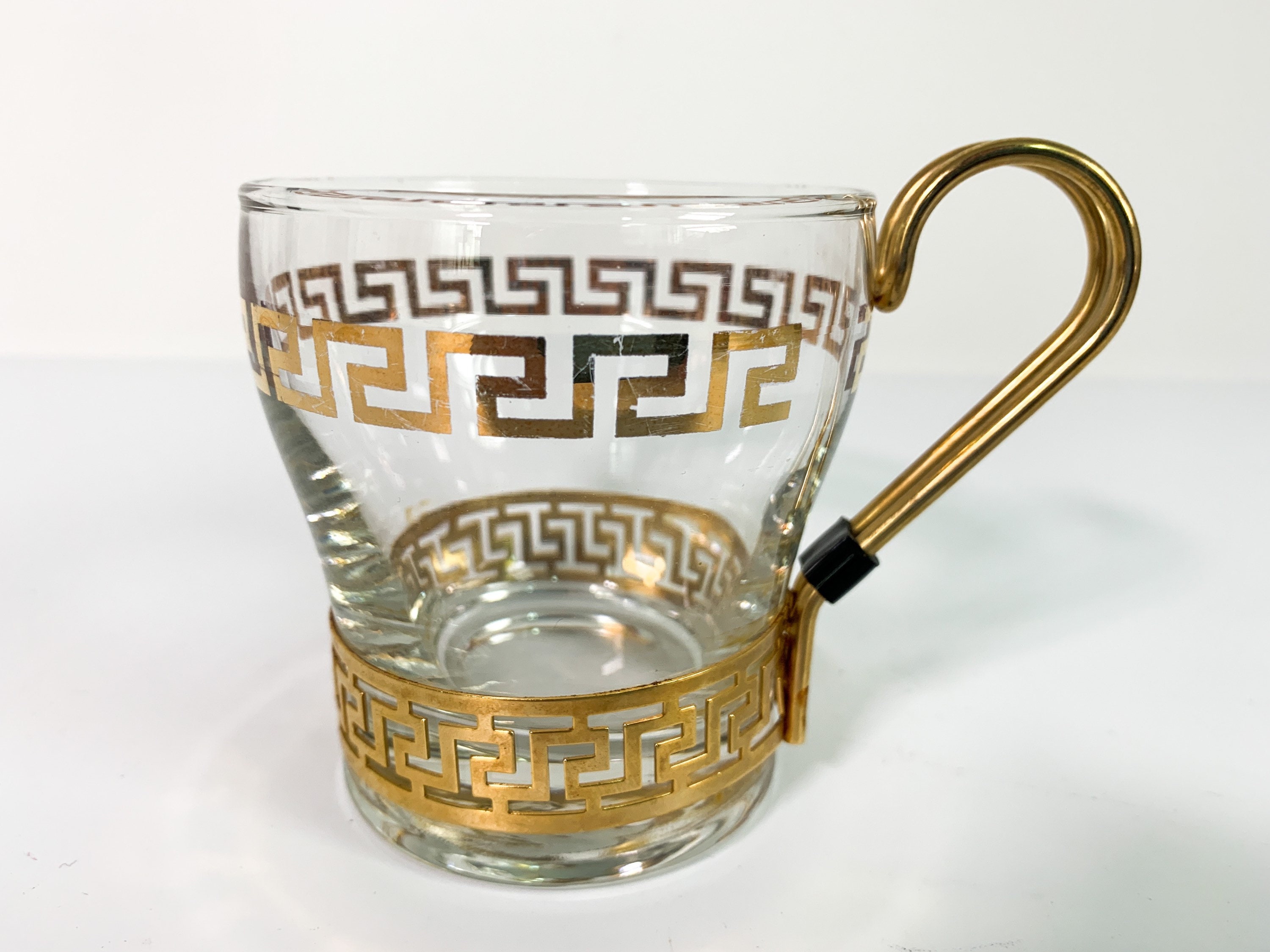 Vintage Set 6 Greek Key Coffee Cups w/ Metal Handles Six Glass Retro