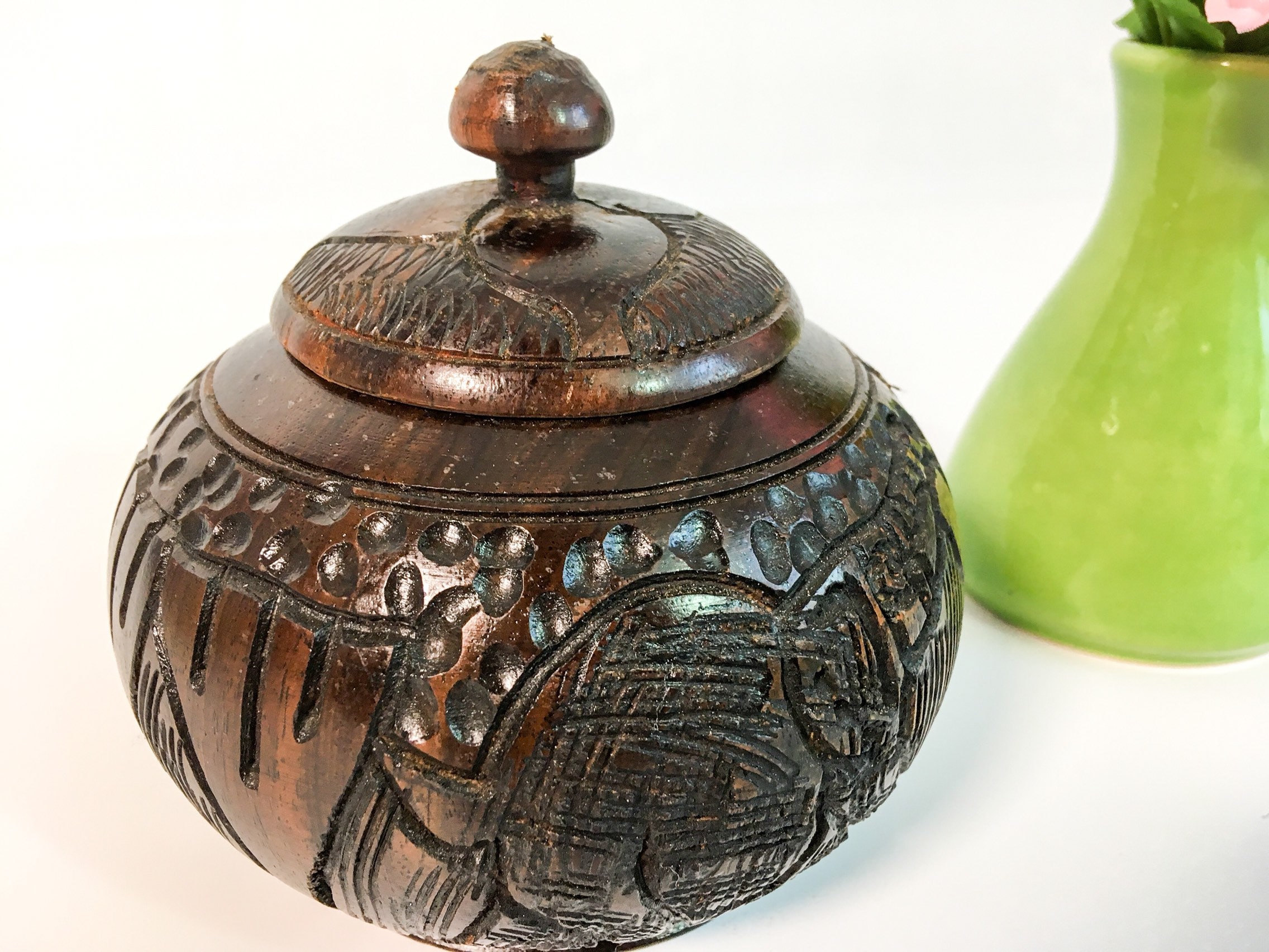 Vintage Hand Carved Round Ebony Wood Box w/ Lid - Storage Trinket