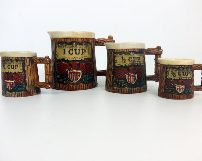 Vintage Napco Measuring Cup Set USA Americana 4 Piece w/ American Eagle Motif Stoneware Redware Japan Mid Century Bicentennial Kitchen Decor